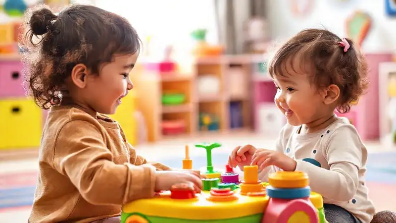 Niño juega con juguetes en ambiente alegre