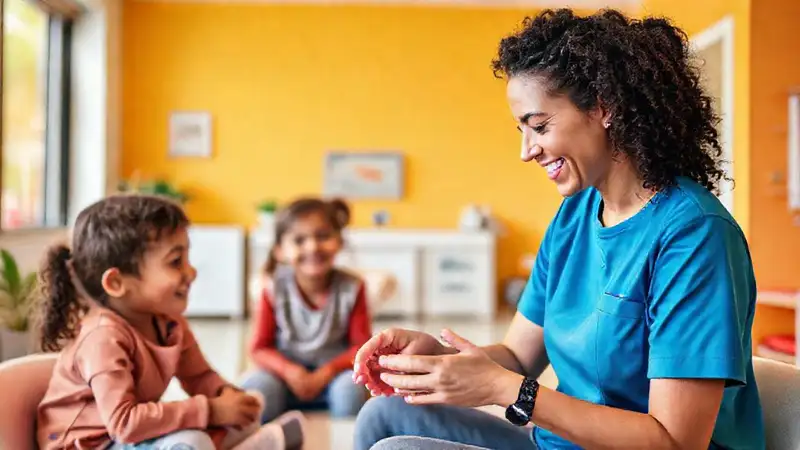 Terapeuta sonriente en ambiente inclusivo y cálido
