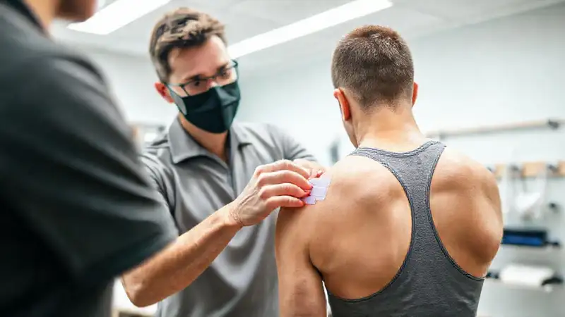 Terapeuta coloca cinta neuromuscular en hombro