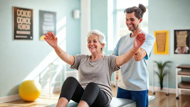 Paciente sonriente en terapia, ambiente motivador y brillante