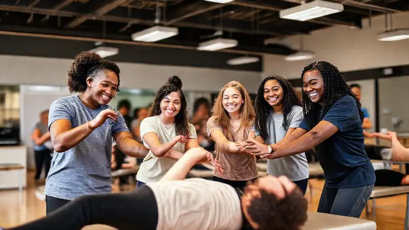 Estudiantes practicando terapia física en aula moderna