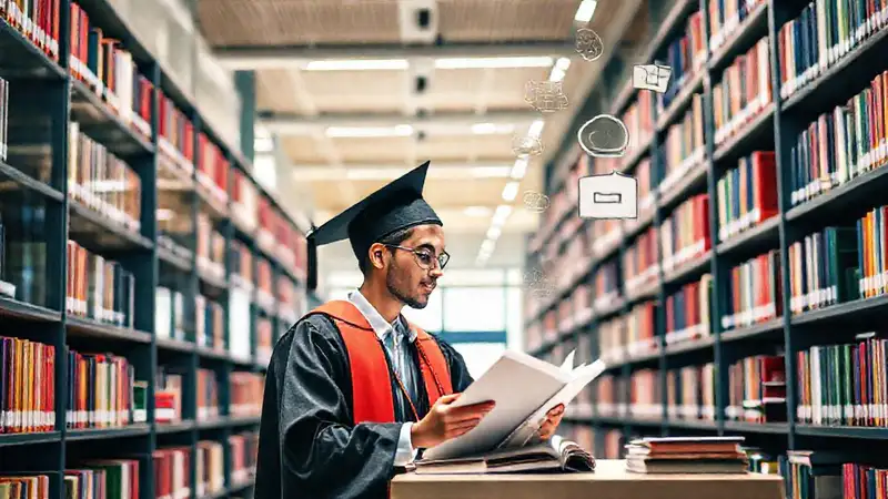 Estudiante en campus con libros y herramientas