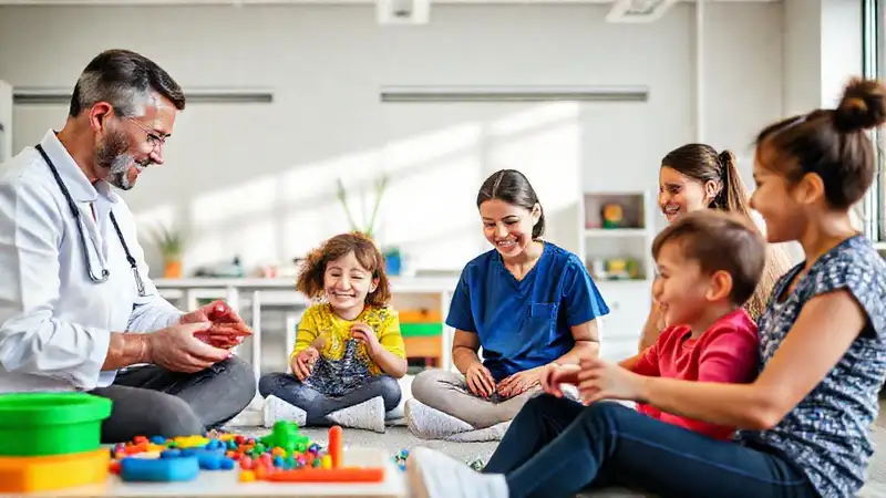Terapeuta y pacientes en entorno innovador y diverso