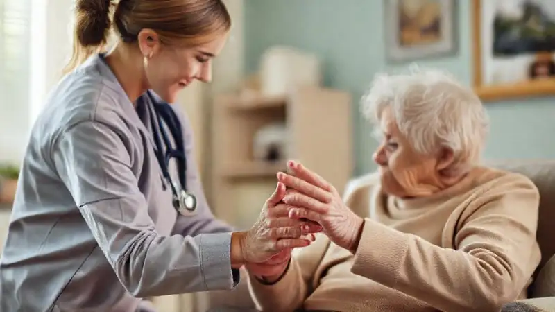 Terapeuta ayuda a anciano en actividades diarias
