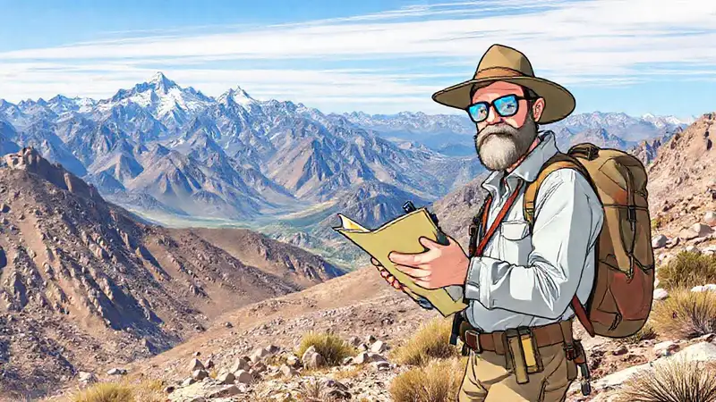 Geólogo con mapas en paisaje montañoso