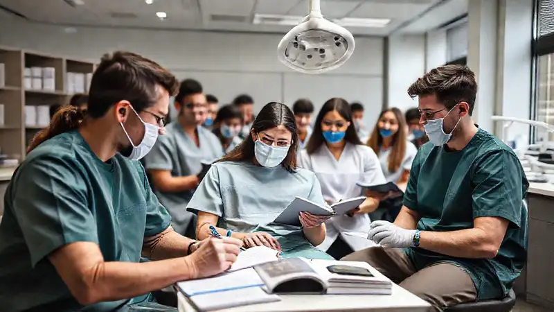 Estudiantes de odontología en aula moderna y organizada