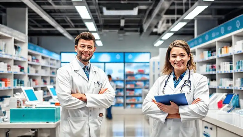 Farmacia moderna con personal profesional y tecnología
