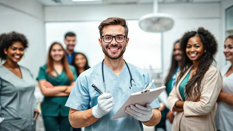 Estudiante de odontología en clínica moderna y limpia