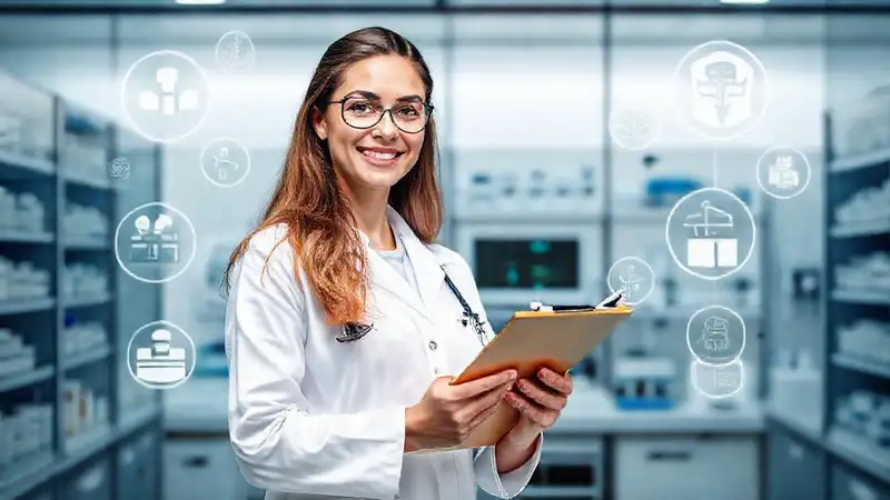 Graduada en farmacia en laboratorio moderno futurista