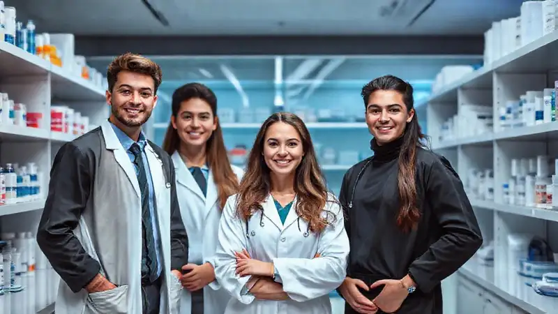 Jóvenes farmacéuticos en entorno moderno y organizado