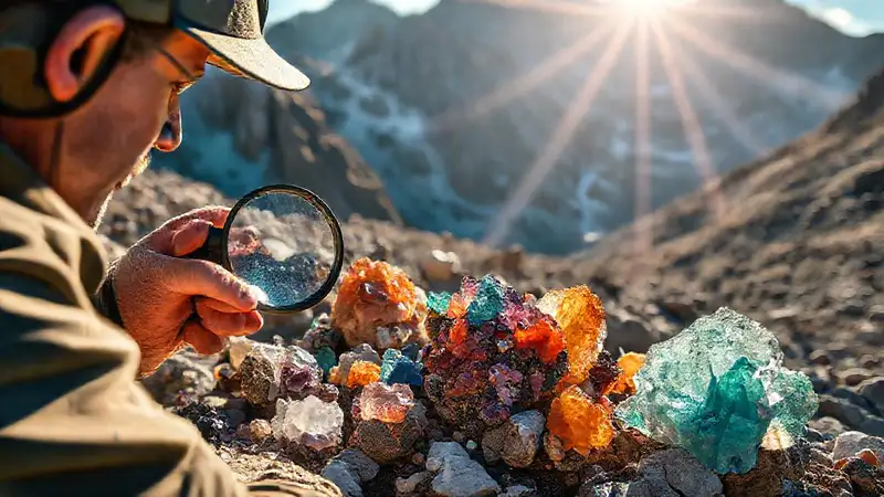 Explorador analiza minerales en paisaje montañoso