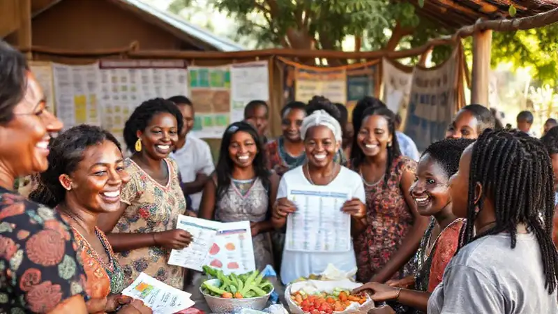 Reunión comunitaria con alimentos saludables y aprendizaje