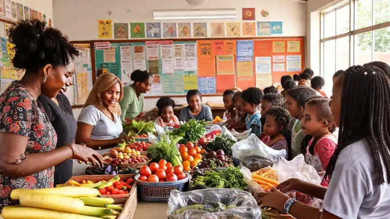 Reunión comunitaria con alimentos y aprendizaje saludable