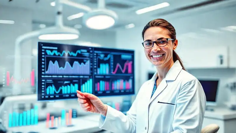 Investigador dental analizando datos en clínica moderna