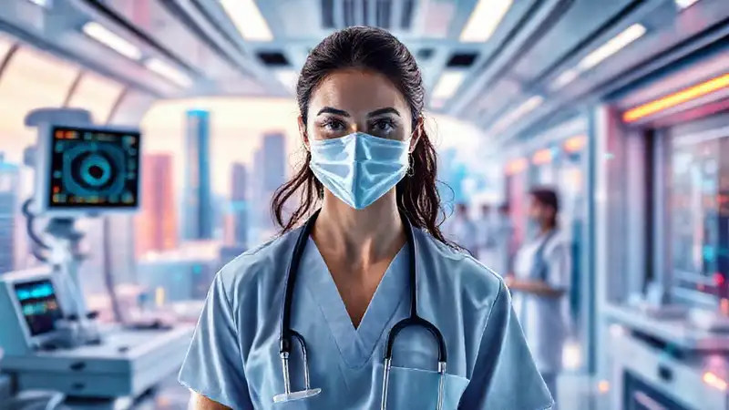 Enfermera moderna en hospital futurista digital