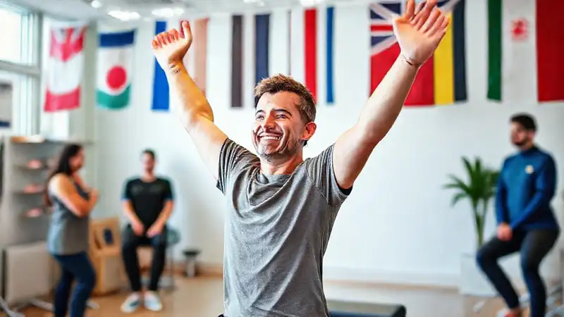 Persona feliz haciendo ejercicio en clínica moderna