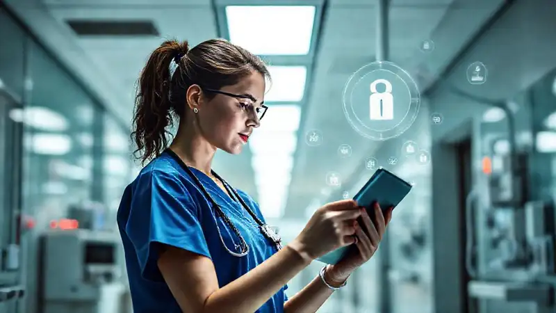 Estudiante de enfermería con tecnología moderna
