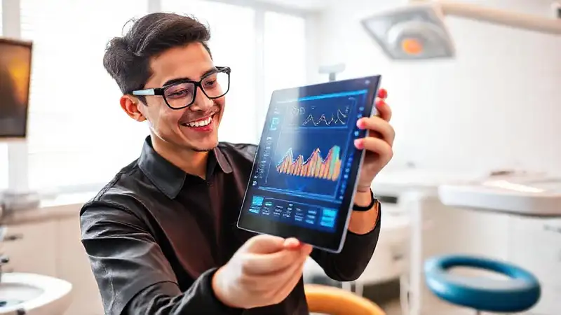 Estudiante dental usando tecnología moderna y avanzada