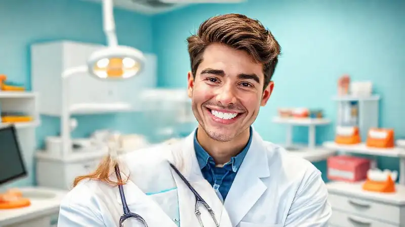 Estudiante odontóloga con herramientas en clínica moderna