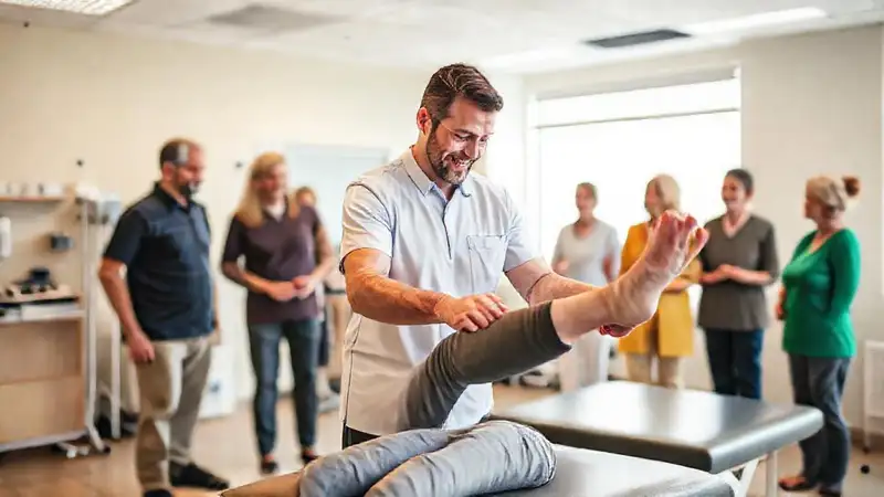 Fisioterapeuta ayuda en clínica moderna y acogedora