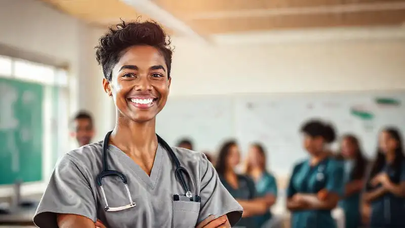 Estudiante de enfermería motivada en entorno inspirador