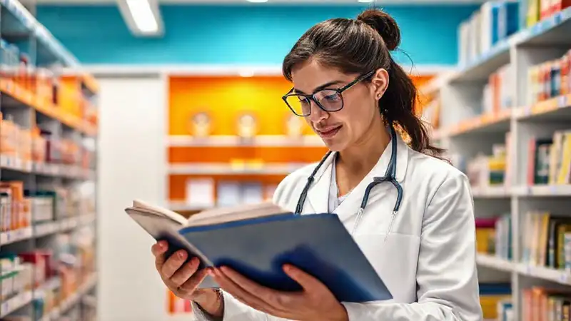 Farmacéutico estudia en una farmacia moderna y organizada