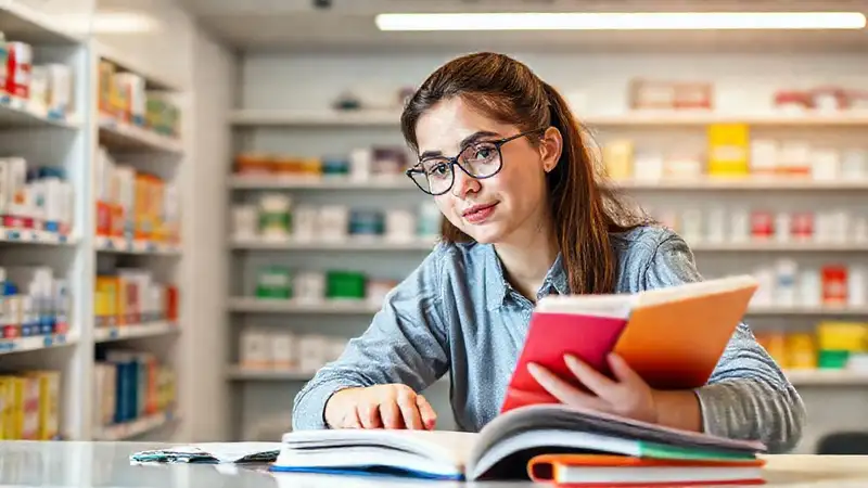 Estudiante motivado estudiando con libros coloridos