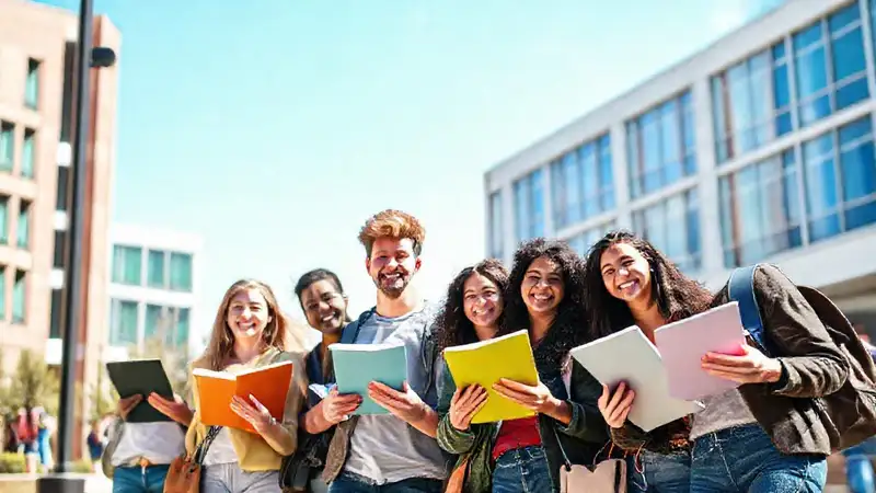 Estudiantes universitarios felices en un campus vibrante