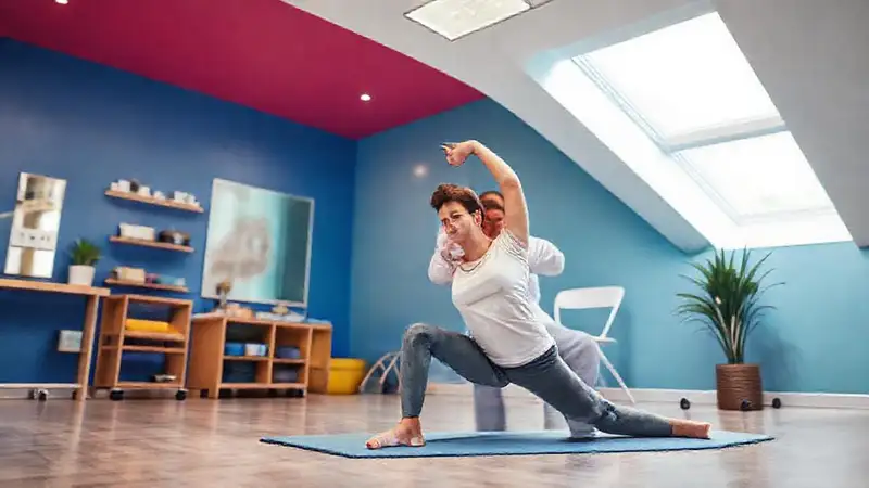 Persona saludable haciendo estiramientos en clínica moderna