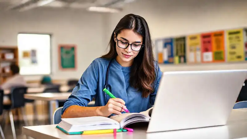 Estudiante motivado en aula moderna y organizada