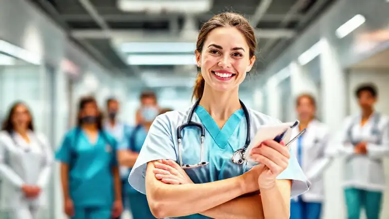 Enfermera segura con herramientas en hospital moderno