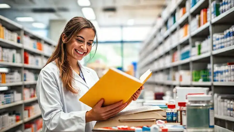 Estudiante feliz de farmacia en biblioteca moderna