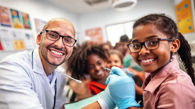 Dentista voluntario sonriente atiende niños en clínica