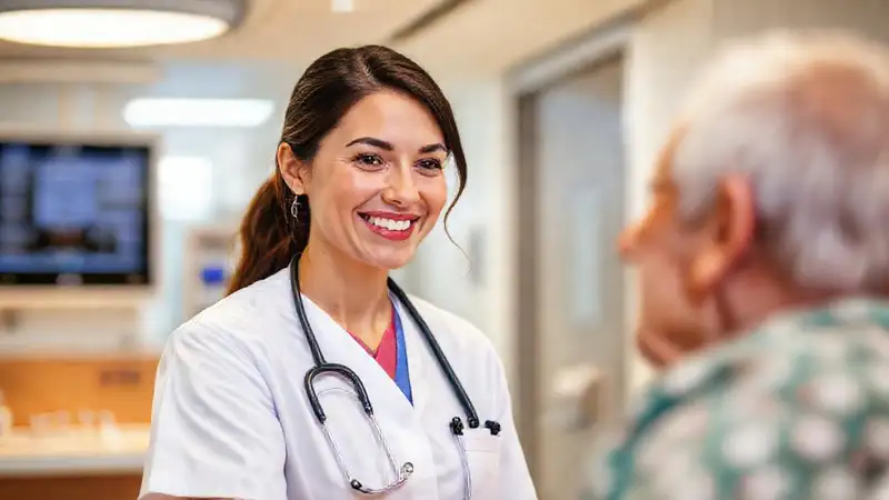 Enfermera sonriente cuida paciente en hospital