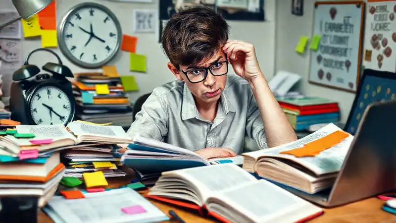 Estudiante ocupado y preocupado estudiando tarde