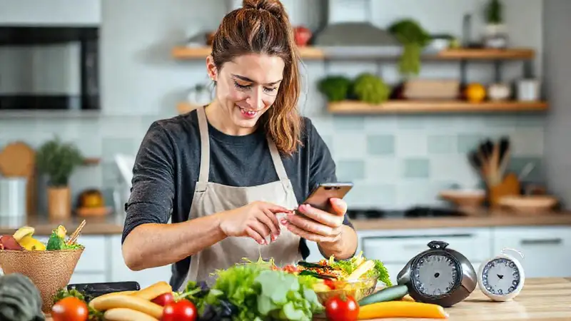 Persona motivada prepara comida saludable en cocina moderna