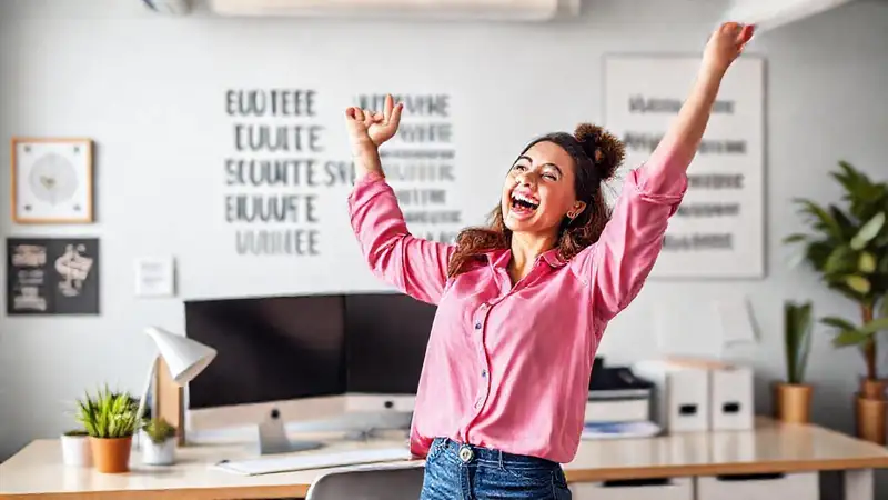 Mujer motivada celebrando éxito con energía positiva