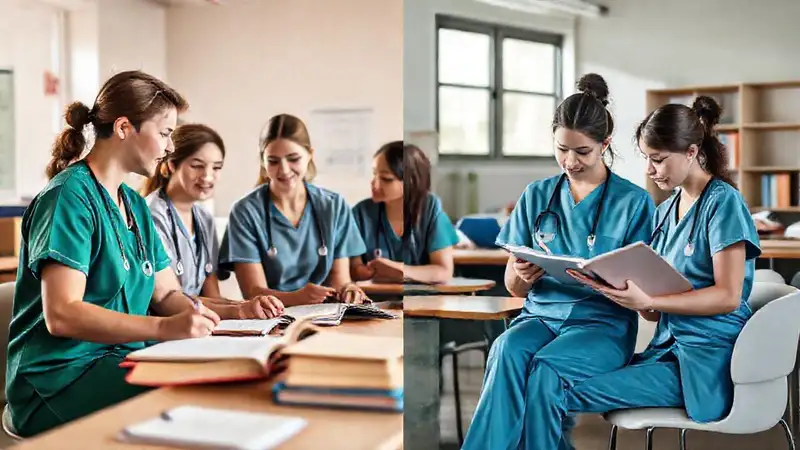Estudiantes de enfermería estudiando en grupo e individualmente
