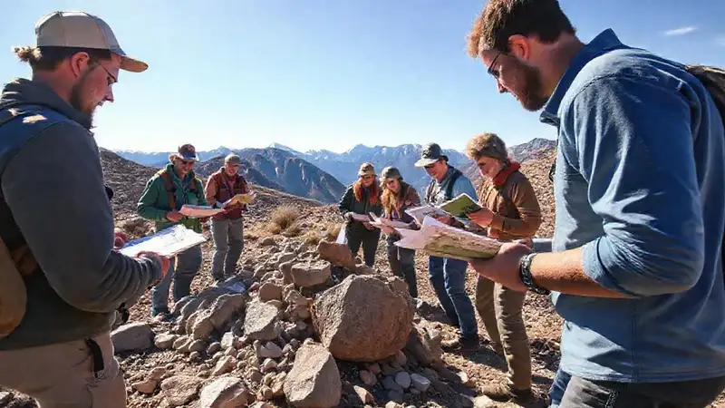Voluntarios analizan rocas en terreno montañoso
