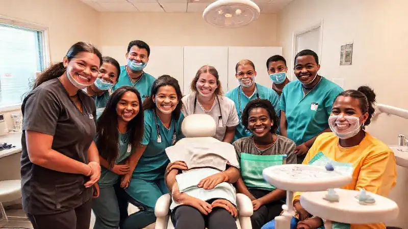 Equipo dental sonriente en clínica moderna y acogedora